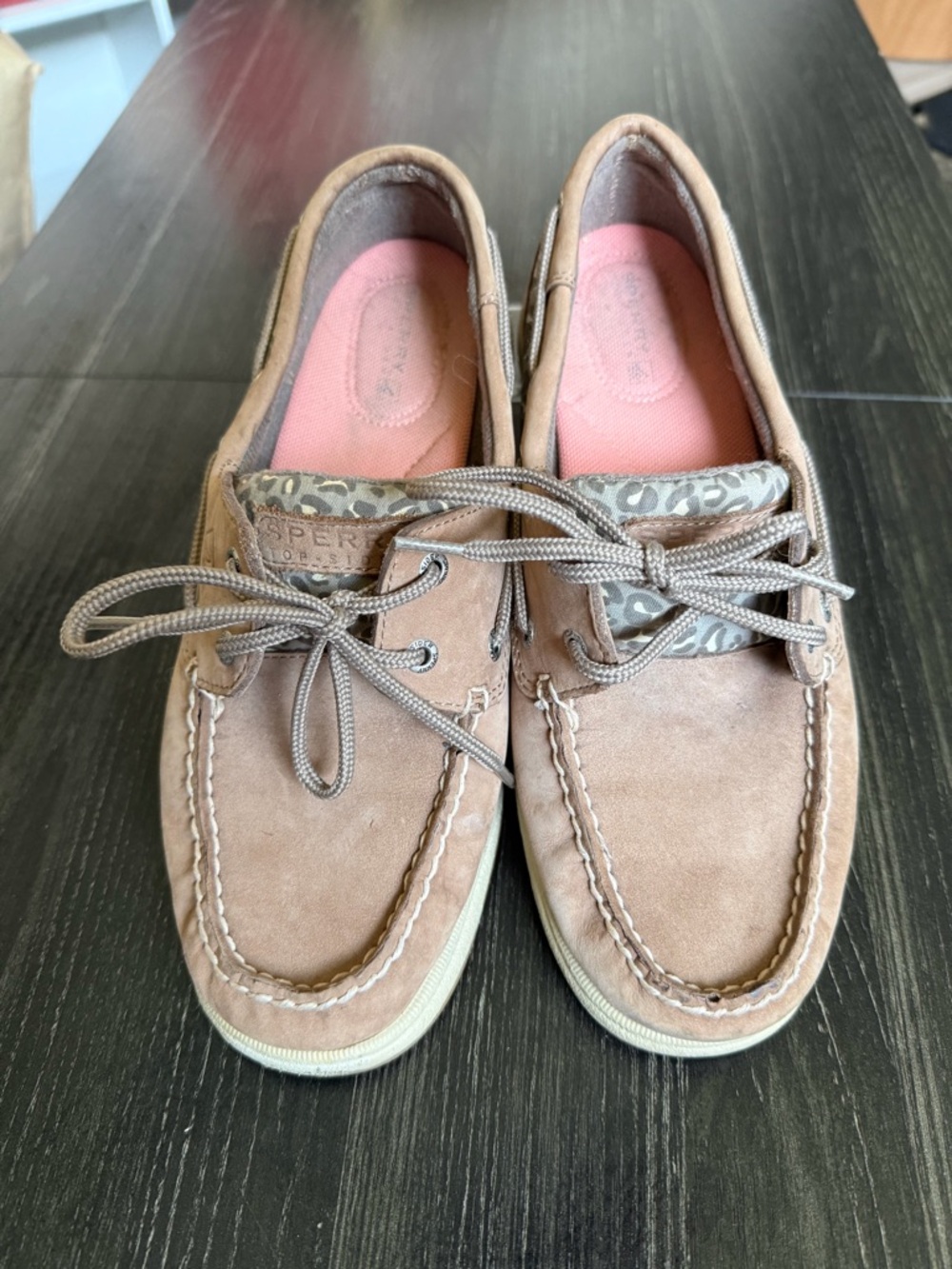 Sperry Taupe Suede Boat Shoes with Pink Insole